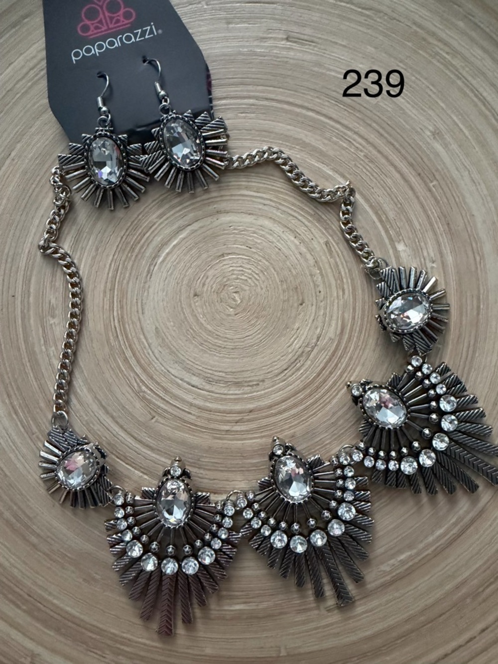 239 Paparazzi Silver Clear Crystal Fan Statement Necklace and Earrings Set